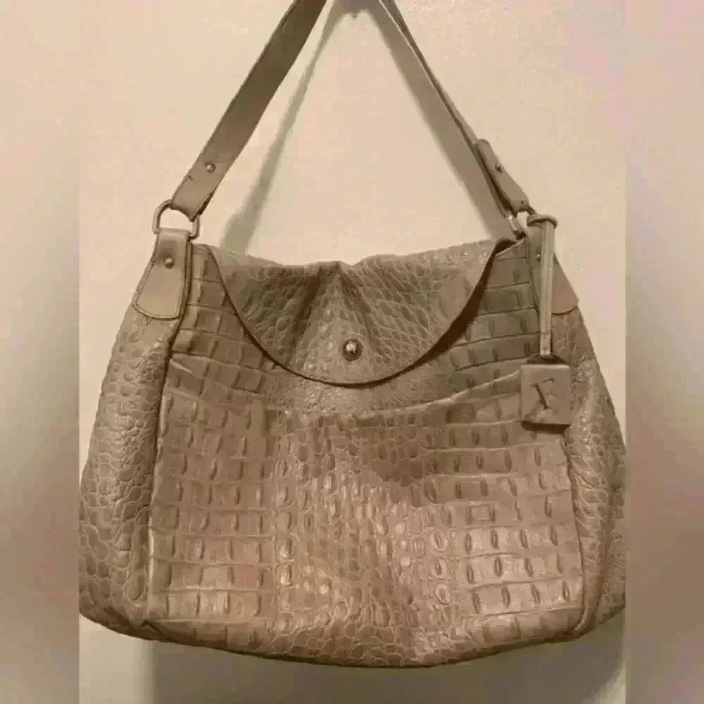 Furla Croc Embossed Handbag Satchel Lg Genuine Italian Leather Womens Taupe